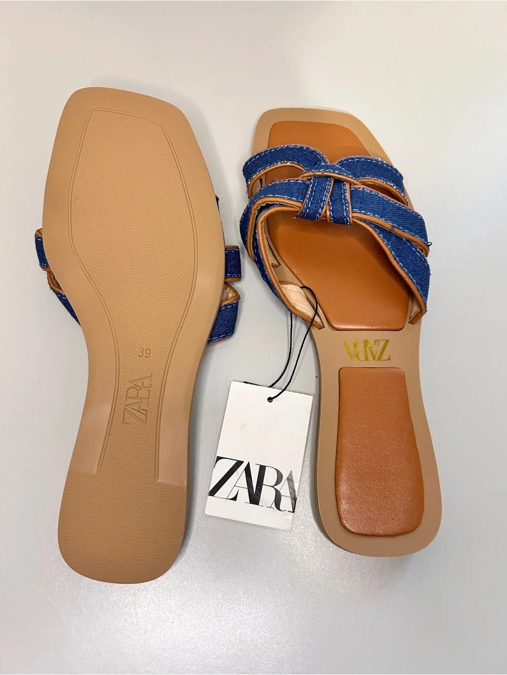ZARA Denim Knot Slide Sandals in Blue and Tan - Picture 2 of 2
